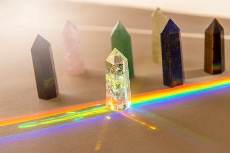 Healing chakra crystals with rainbow on beige