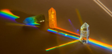 Healing chakra crystals with rainbow on beige