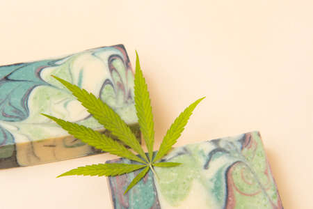 Homemade hemp soap and green leaf of marijuana. Spa organic soap. Organic skincare product with medicinal CBD. Zero waste conceptの写真素材