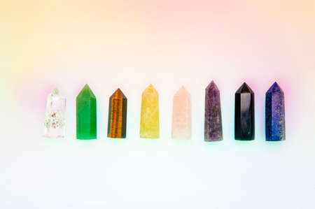 Gemstones crystal minerals for relax and meditation on colorful background. Crystals for reiki, meditation and healing.の写真素材