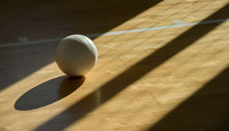 Volleyball ball on hardwood court floor with natural lighting. Team sport. Workout online conceptの写真素材