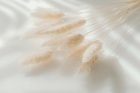 Brown bunny tail grass on grey background, copy space, dried lagurus grassの写真素材