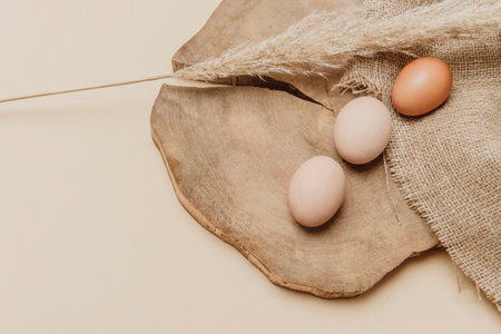 Brown dried pampas grass and eggs on natural beige background. Zero waste easter concept. Eco friendly lifestyle, copy spaceの写真素材