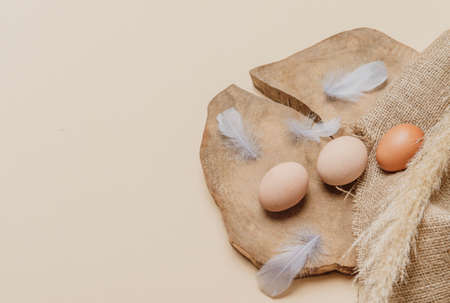 Brown dried pampas grass and eggs on natural beige background. Zero waste easter concept. Eco friendly lifestyle, copy spaceの写真素材