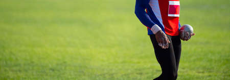 Sportsman practising shot put. Professional sport concept. Horizontal sport poster, greeting cards, headers, websiteの写真素材