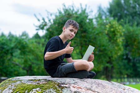 Boy sitting on a stone with laptop in garden. Kid have online web lesson or class on computer at nature, green class. Back to school. Outdoor learning conceptの写真素材