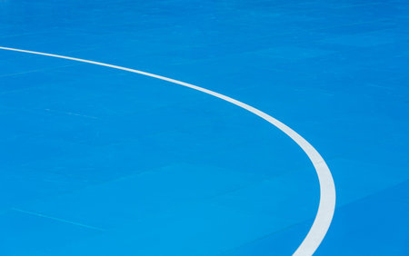 Blue floor volleyball, basketball, badminton, futsal, handball court. Wooden floor of sports hall...