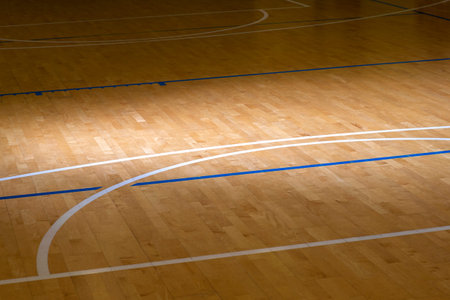Wooden floor  basketball, badminton, futsal, handball, volleyball, football, soccer court with...