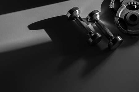 Close up of dumbbells on grey backgound. Sport and fitness equipment. Horizontal sport poster, greeting cards, headers, website.の写真素材