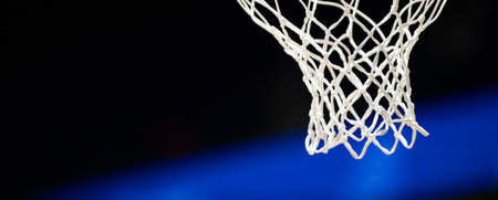 Basketball hoops against dark background. Banner art concept. Horizontal sport theme poster,...