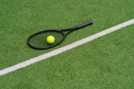 Top view of tennis rackets and ball of green grass. Horizontal sport poster, greeting cards, headers, websiteの写真素材