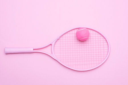 Pink tennis racket and  pink ball on pink background. Horizontal sport theme poster, greeting cards, headers, website and appの写真素材