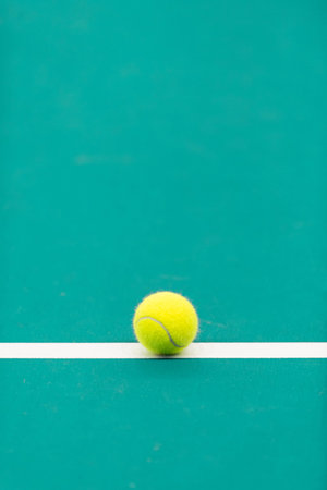 Yellow tennis ball with white line on mint court. Vertical sport theme poster, greeting cardsの写真素材