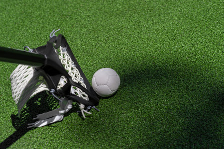 iLacrosse stick and white ball on green grass. Horizontal sport theme poster, greeting cards,...