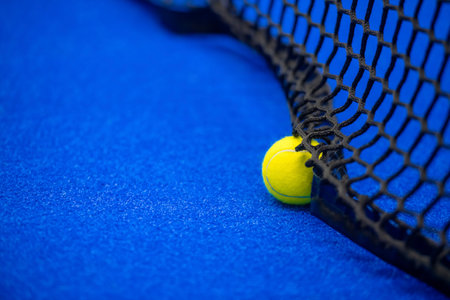 Yellow tennis and padel ball in court on blue turf. Horizontal sport poster, greeting cards, headers, websiteの写真素材
