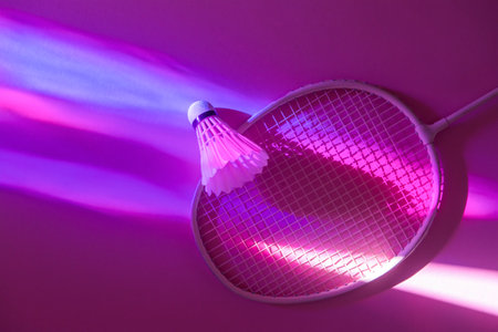 Badminton racket and shuttlecock in vibrant bold gradient holographic neon colors. Horizontal sport theme poster, greeting cards, headers, website and appの写真素材