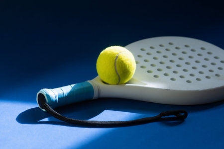 White professional paddle tennis racket  and yellow ball with natural lighting on blue background. Horizontal sport theme poster, greeting cards, headers, website and appの写真素材