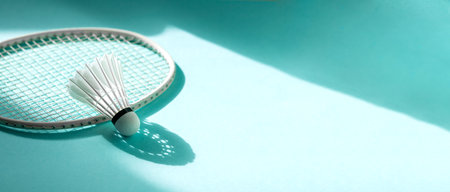 Badminton racket and shuttlecock on mint color background. Horizontal sport theme poster, greeting cards, headers, website and appの写真素材