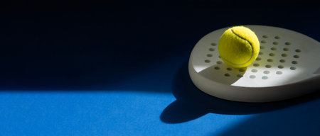 White professional paddle tennis racket  and yellow ball with natural lighting on blue background. Horizontal sport theme poster, greeting cards, headers, website and appの写真素材