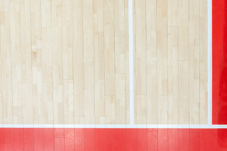 Wooden floor volleyball, basketball, badminton, futsal, handball court. Wooden floor of sports hall with marking lines line on wooden floor indoor, gym courtの写真素材