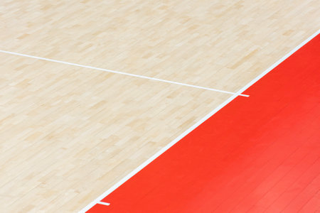 Wooden floor volleyball, basketball, badminton, futsal, handball court. Wooden floor of sports hall with marking lines line on wooden floor indoor, gym courtの写真素材