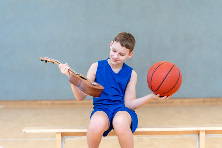 The child chooses between sports or music. Horizontal children's sports  and music club theme poster, greeting cards, headers, website and appの写真素材