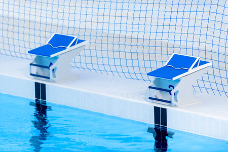 New swimming starting block and platform. Horizontal sport theme poster, greeting cards, headers, website and appの写真素材