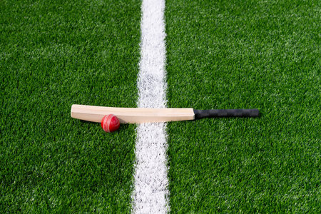 Cricket bat and red ball with natural lighting on green grass. Horizontal sport theme poster,...