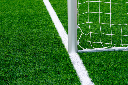 Hockey field, soccer, american football, lacrosse gate detail background over green grass. Horizontal sport poster, greeting cards, headers, websiteの写真素材