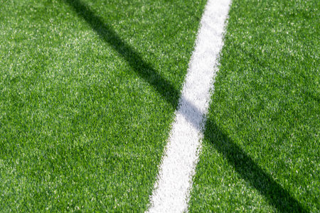 Green synthetic grass sports field with white line shot from above. Soccer, hurling, lacrosse, rugby, football, baseball sport conceptの写真素材