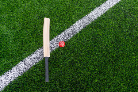 Cricket bat and red ball with natural lighting on green grass. Horizontal sport theme poster, greeting cards, headers, website and appの写真素材