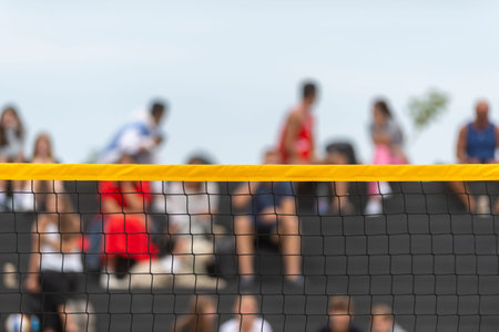Beach volleyball and beach tennis net on the background of arena. Horizontal sport theme poster,...
