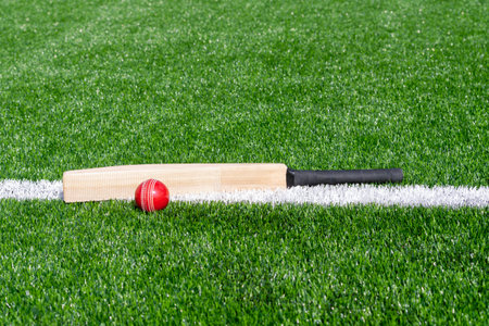 Cricket bat and red ball with natural lighting on green grass. Horizontal sport theme poster, greeting cards, headers, website and appの写真素材