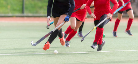 Field Hockey player, ready to pass the ball to a team mate. Horizontal sport theme poster, greeting...