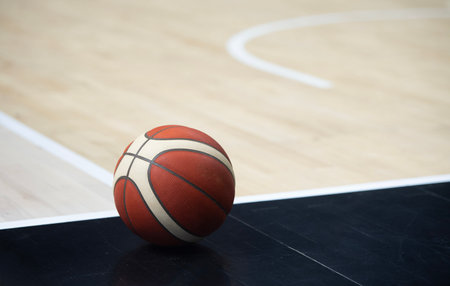 Basketball ball on the court. Horizontal sport theme poster, greeting cards.の写真素材