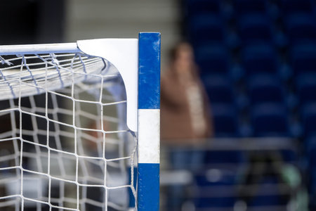Gate for futsal or handball in gym. Detail of gate frame and net. Outdoor football or handball...