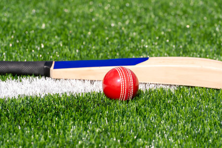 Cricket bat and red ball with natural lighting on green grass. Horizontal sport theme poster,...
