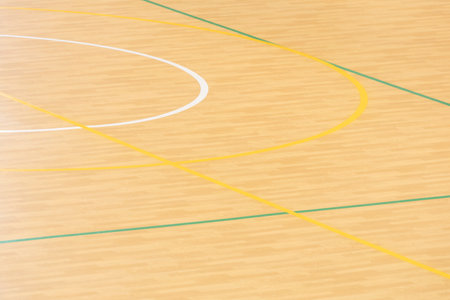 Wooden floor basketball, badminton, futsal, handball, volleyball, football, soccer court. Wooden floor of sports hall with marking lines on wooden floor indoor, gym courtの写真素材