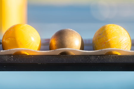 Shot put prepared for competition. Track and field background. Horizontal sport theme poster, greeting cards, headers, website and appの写真素材