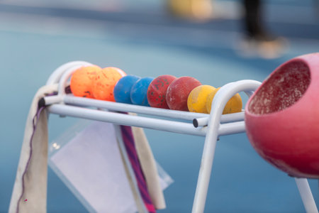 Shot put prepared for competition. Track and field background. Horizontal sport theme poster, greeting cards, headers, website and appの写真素材