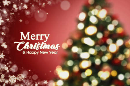 Greeting card Christmas tree with defocused lights. Red backgroundの写真素材