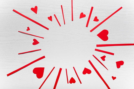 Wooden white background with red hearts. The concept of Valentine Day.の写真素材