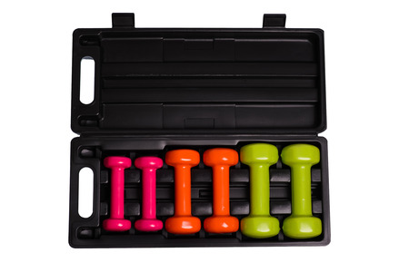 SET dumbbell in a case on a white background,isolatedの写真素材