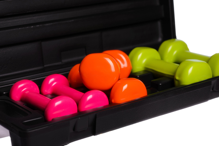 SET dumbbell in a case on a white background,isolatedの写真素材