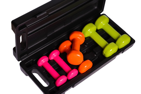 SET dumbbell in a case on a white background,isolatedの写真素材