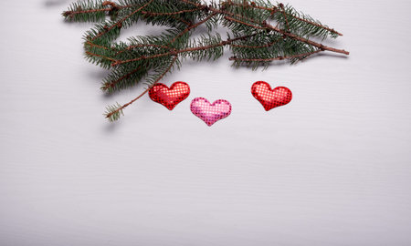 Wooden white background with a branch of pine and three hearts. The concept for Valentine's Dayの写真素材