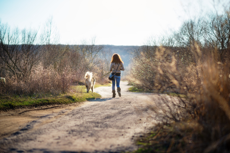 Young woman playing with Caucasian shepherd in a delightful spring dayの写真素材