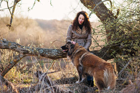 Young woman playing with Caucasian shepherd in a delightful spring dayの写真素材