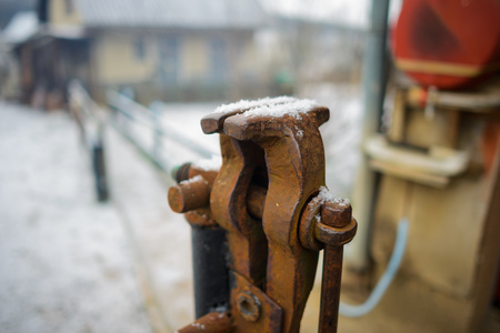 Old rusty table vises for handwork on metal and wood.の写真素材