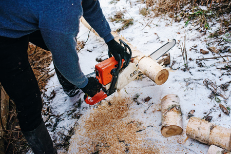 Process of sawing log by chainsaw in the winter .の写真素材